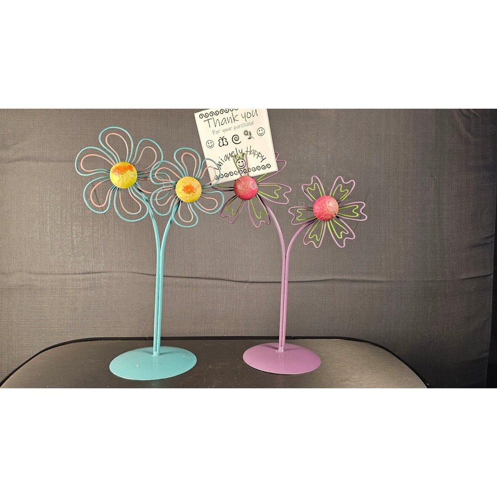 2 Pastel Metal Flower Photo Card Holder Stands Teal Lavender Set of 2